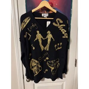 Lisa & Me Black Glitter Swing Dance Jukebox Music V-Neck Women Sweater M
